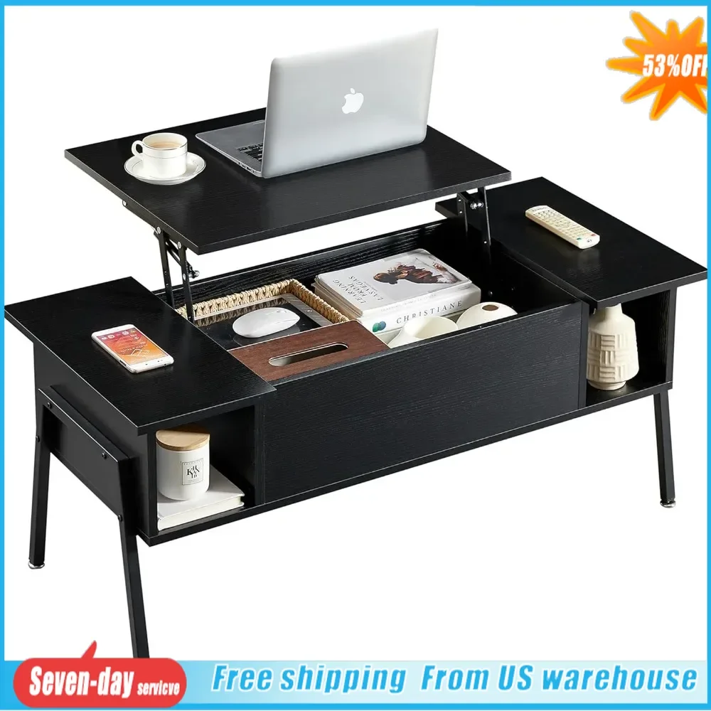 Wooden Lift Desk Coffee Table with Hidden Compartment and Storage Rack for Living Room/Office Reception, Raised Tabletop