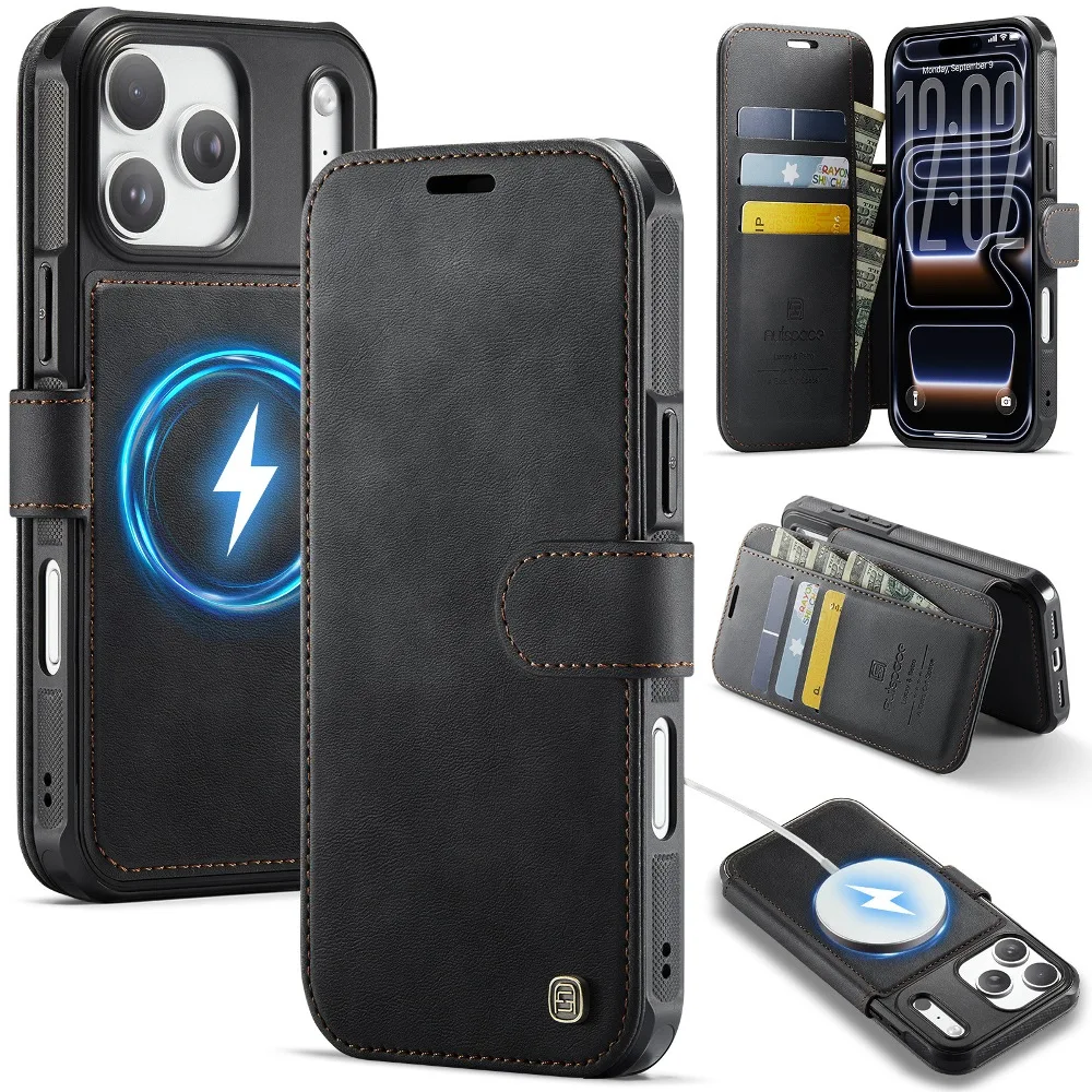 Solid Color Leather Wallet Card Slots Flip Phone Cover for iPhone Air 17e 16e 15 14 Plus 13 12 Pro Max with Magnetic Charging