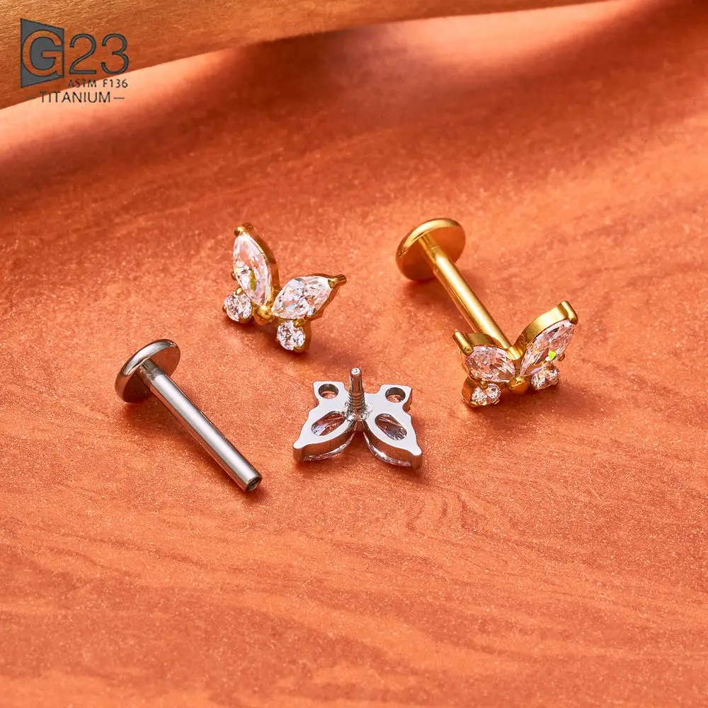 ASTM F136 G23 Titanium Internal Thread Labret Stud Butterfly 16G CZ Flat Back Cartilage Tragus Helix Lip Body Piercing Jewelry