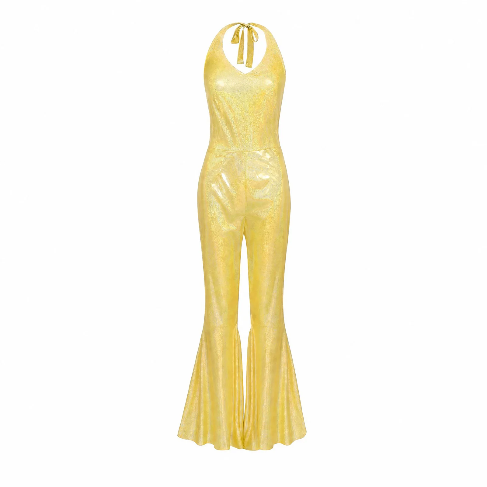 Funkelnder Metallic-Discobodysuit für Damen, ärmellos, mit V-Ausschnitt, rückenfrei, Schlaghose, 70er-Jahre-Nachtclub-Bühnen-Cosplay-Outfit – Detail 13