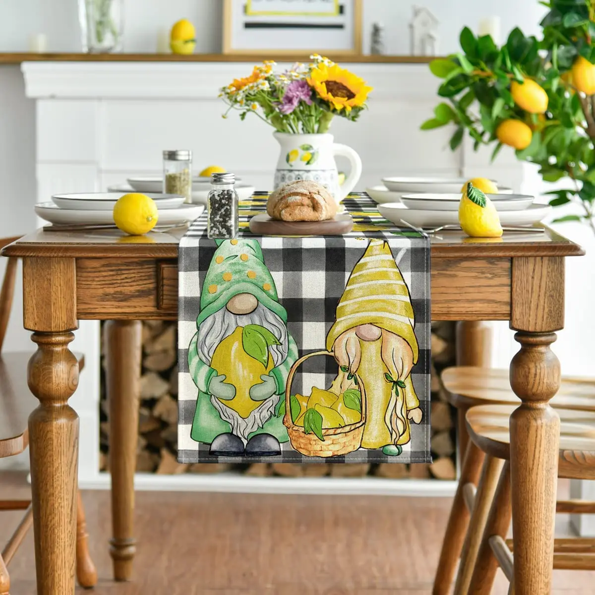 Watercolor Buffalo Plaid Gnome Lemon Linen Table Runner Summer Seasonal Kitchen Dining Table Runner for Party Table Decor