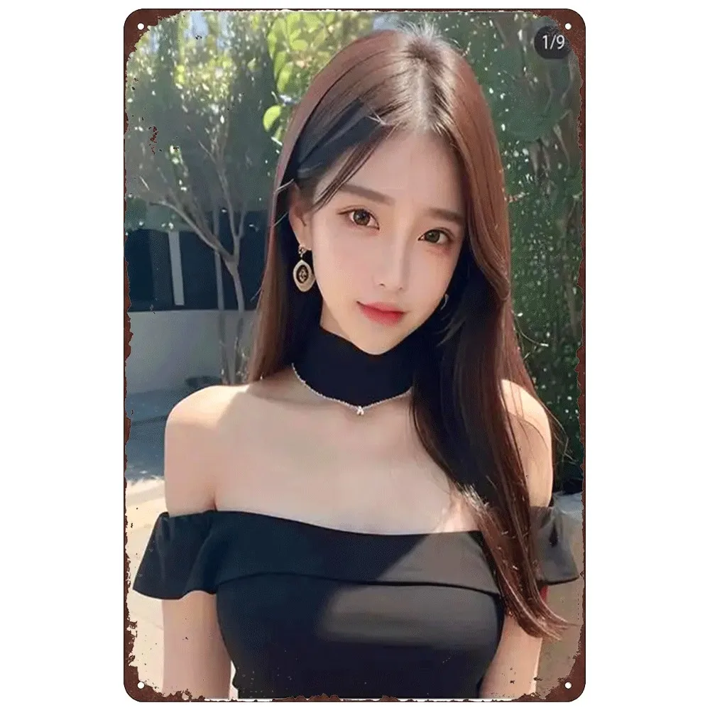 HD Tin Sign Vintage Elegant Asian Girl in Black Off-Shoulder Top Metal Wall Art Retro Decor for Bar Cafe Home