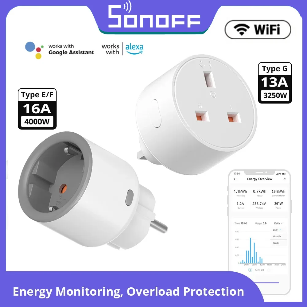 SONOFF S60 EU/UK 와이파이 소켓 플러그 전원 모니터 콘센트, EWeLink Alexa Google Home SmartThings IFTTT로 원격 음성 제어 