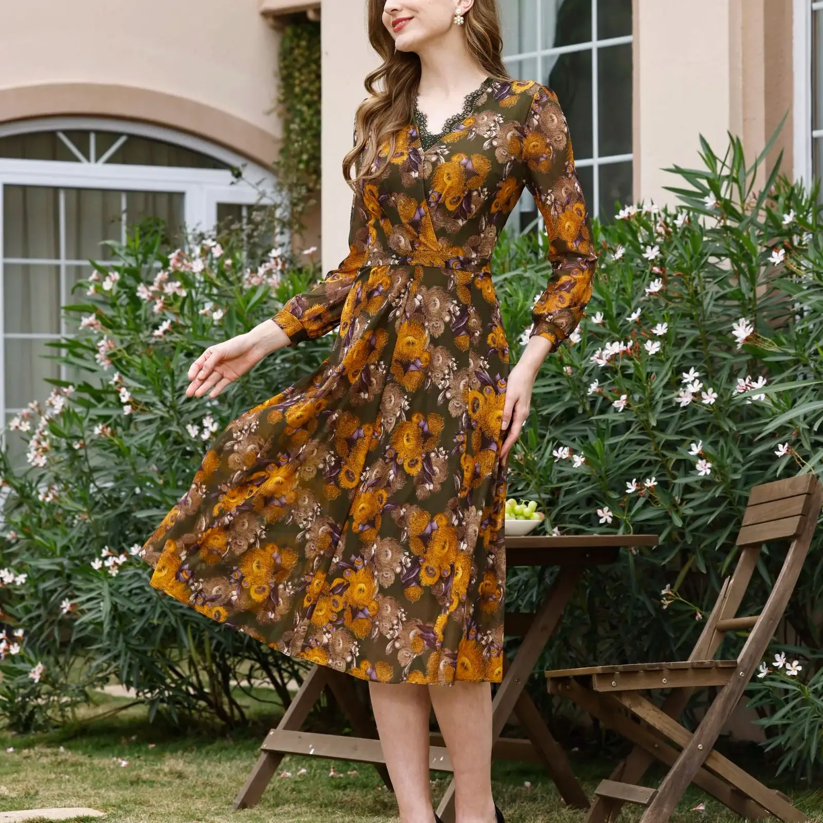 【Ximphony Select】Casual Luxury Elegant Smart V-Neck Lace Sunflower Print Long Sleeves Brown Long Dresses For Women Summer Fall