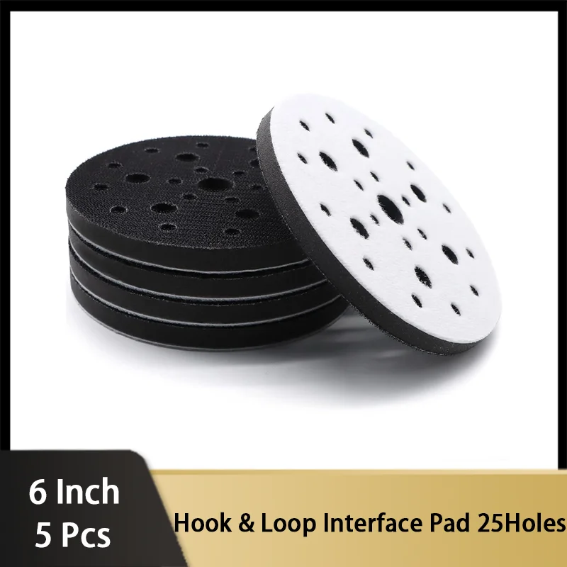 5 Pack 6 Inch 25 Holes Hook & Loop Soft Density Sponge Cushion Buffer Interface Pads  Foam Sanding for Orbital Sander Automotive