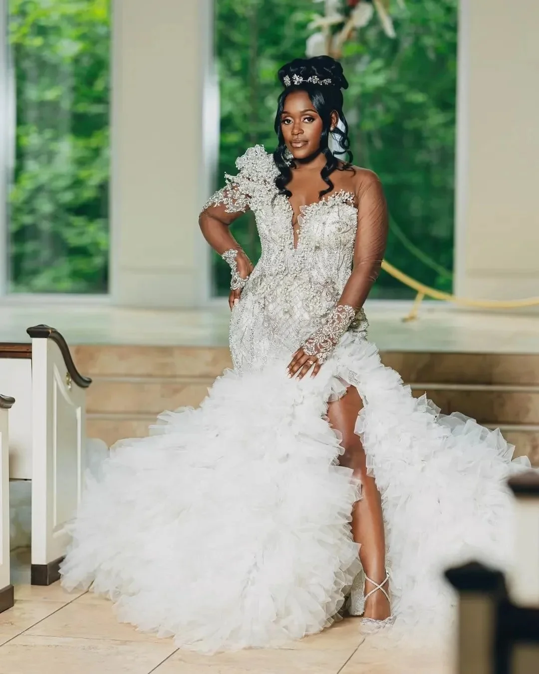 

Свадебное платье больших размеров цвета слоновой кости по индивидуальному заказу, аппликации из бисера, кристаллы, жемчуг, ярусы, роскошные свадебные платья, платья