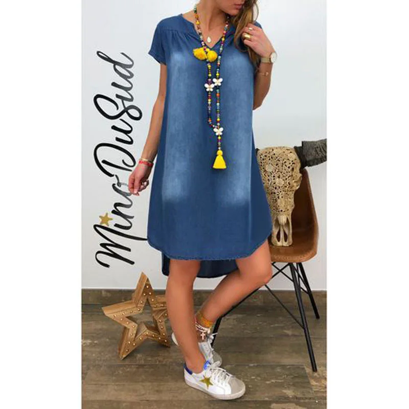 Denim Dress For Women Casual V Neck Short Sleeve Loose Distressed Jean Dress 2024 Summer Denim Blue Street Style Dresses Female