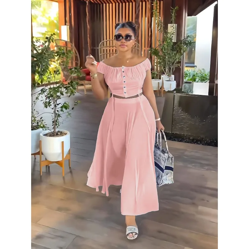 Short Top Draping Effect Long Skirt Fashion Suit Y2K Off-Shoulder Tshirts Top Women Big Swing Skirts Sets Two-Piece Sets Tshirts