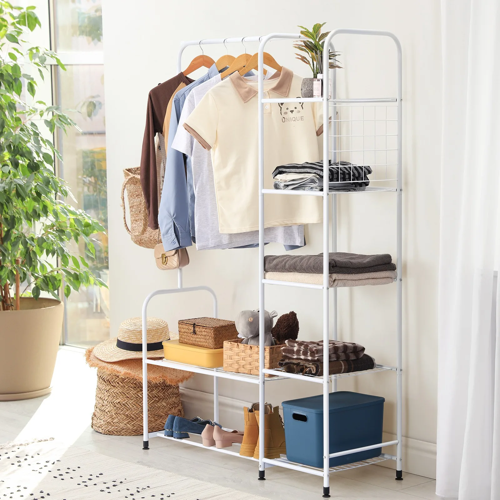 Vêtements autoportants T1 avec étagères, porte-vêtements pour confronterVêtements avec chaussure T1 