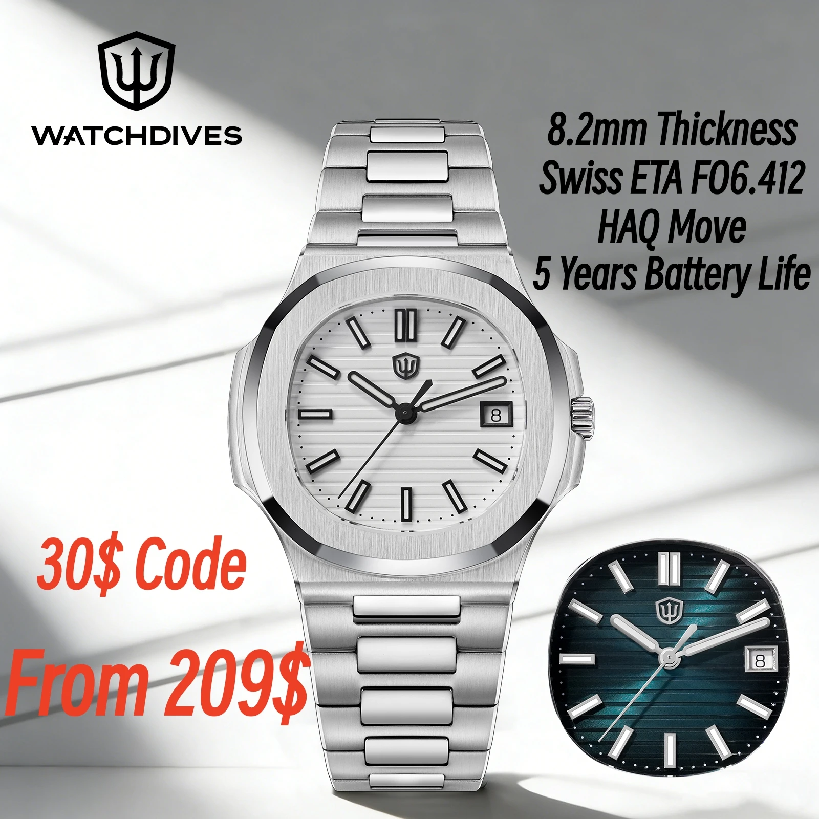 

Watchdives WD0013B Swiss ETA F06.412 HAQ Кварцевые часы 41 мм с сапфировым стеклом 8,2 мм, ультратонкие, BGW9 Lume, из нержавеющей стали, мужские, класса люкс