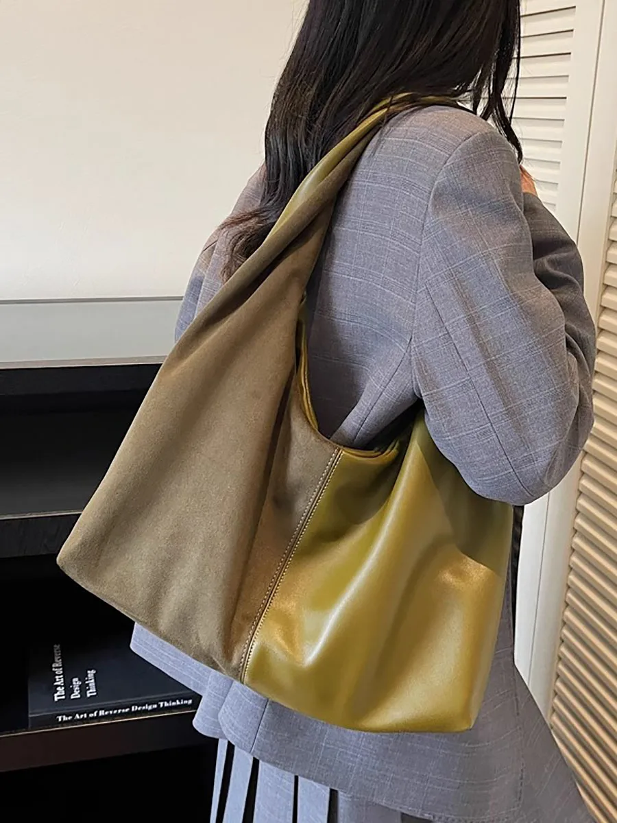 

High End Niche Splicing Tote Bag for Women Autumn Winter Versatile Large Capacity One Shoulder Bag Lazy Style Korean Pupular Bag