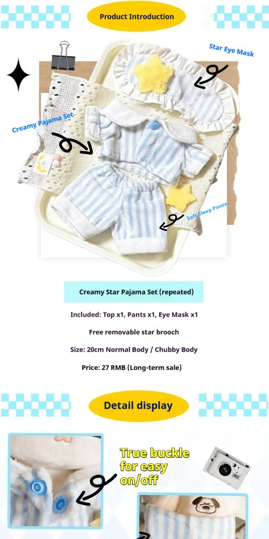 Only Clothes For 20cm Doll Sleepwear Fluffy Detachable Chest Star Striped Ruffled Suitable For Plush Collectors Edge Sleepwear
