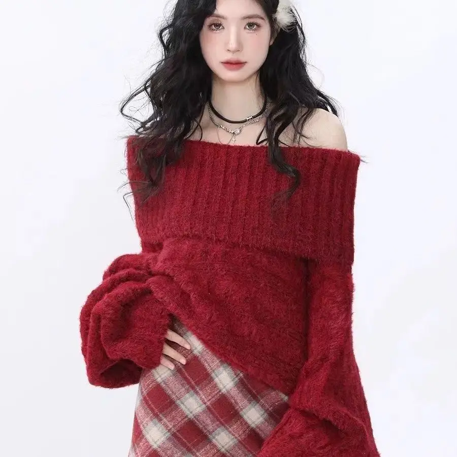 Lazy Style One Shoulder Sweater Knitted Sweater for Women in Autumn and Winter Loose and Versatile Long Sleeved Top