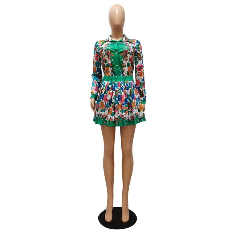 여성용 럭셔리 투피스 세트, 레트로 프린트 셔츠, 탑 및 플리츠 미니 스커트, 2024 패션, 여름 의상