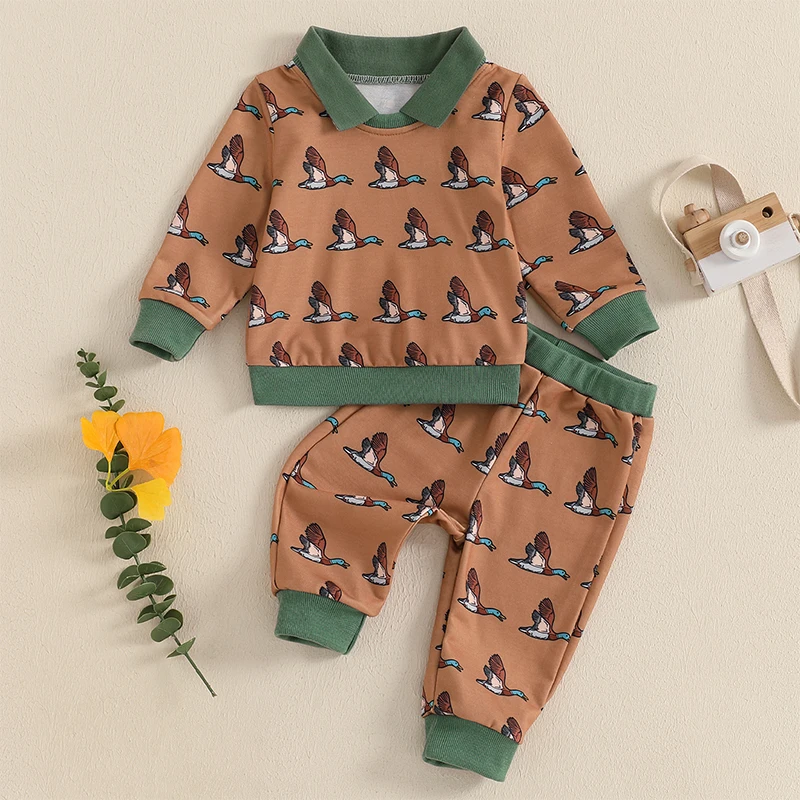 Baby Boy 2Pcs Fall Outfit Long Sleeve Duck Print Lapel Sweatshirt Pants Set Toddler Clothes