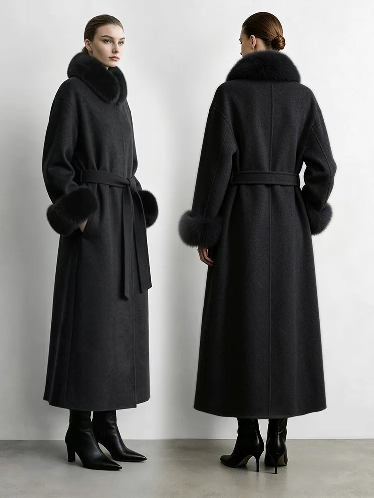 Amii Double-Faced Wool Long Coat Detachable Fur Collar Belted Lapel Commuter Minimalist 2026 Women Winter Coat 12654020