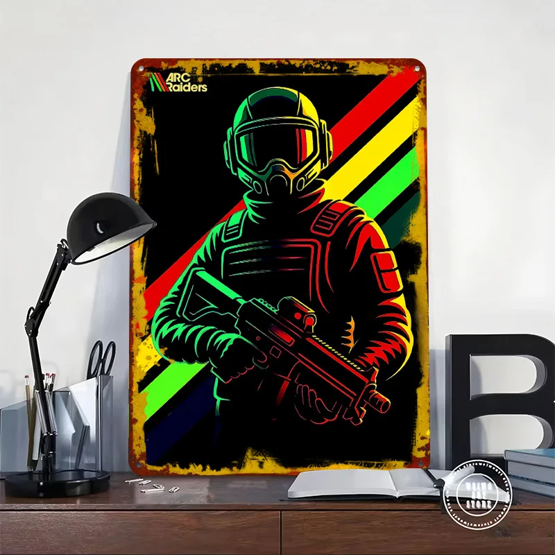 Arc Raiders Soldier Game Tinplate Poster Custom Wall Art Vintage Metal Signs Retro Tin Plaque for Coffee Bar Accessories Decor