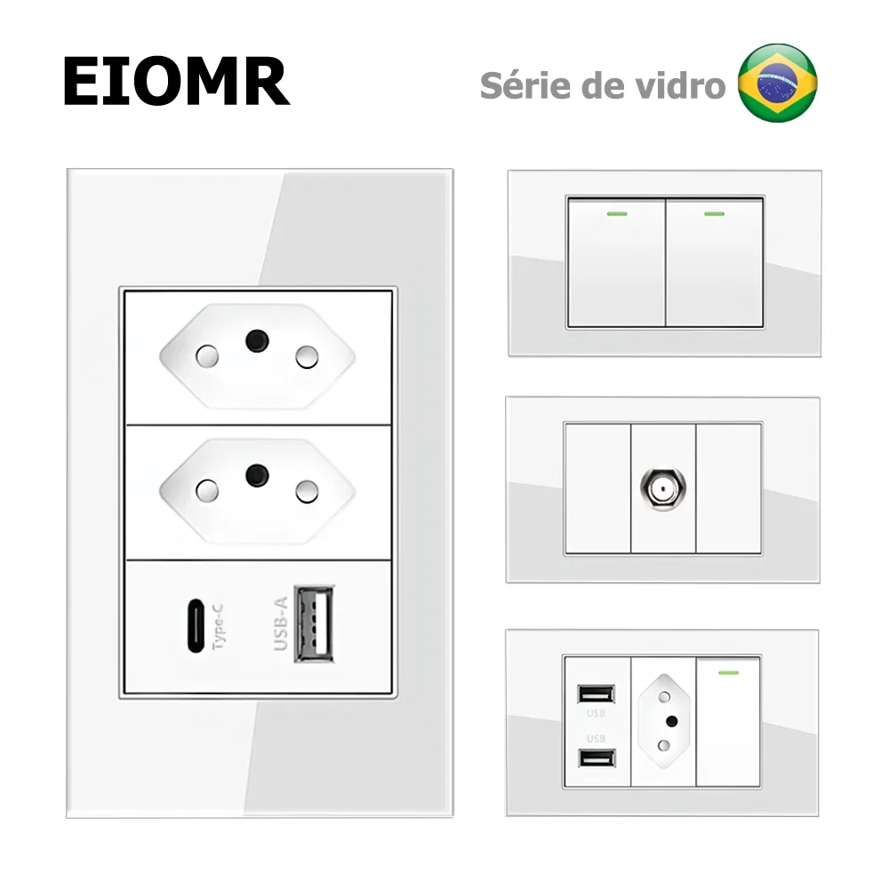 EIOMR White Tempered Glass USB Type C Brazil Standard Outlet, USB Charge TV TEL CAT6 Port, Brazil Plug Wall Socket Light Switch