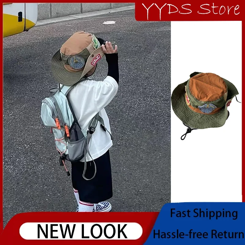 Parent-child Japanese Vintage Old Badge Green Fisherman Hat Kids Letter Camping Drawstring Shade Sunscreen Cowboy Hat