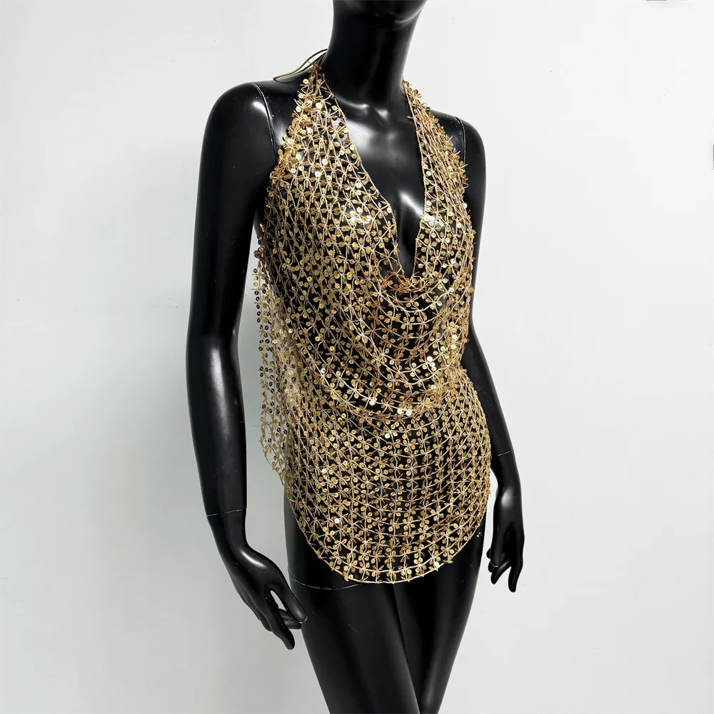 Damen Glänzendes Acryl-Pailletten-Top mit Ausschnitten, Sexy Tiefer V-Ausschnitt, Rückenfreies Neckholder-Oberteil, Durchsichtiges Strand-Party-Top – Detail 11