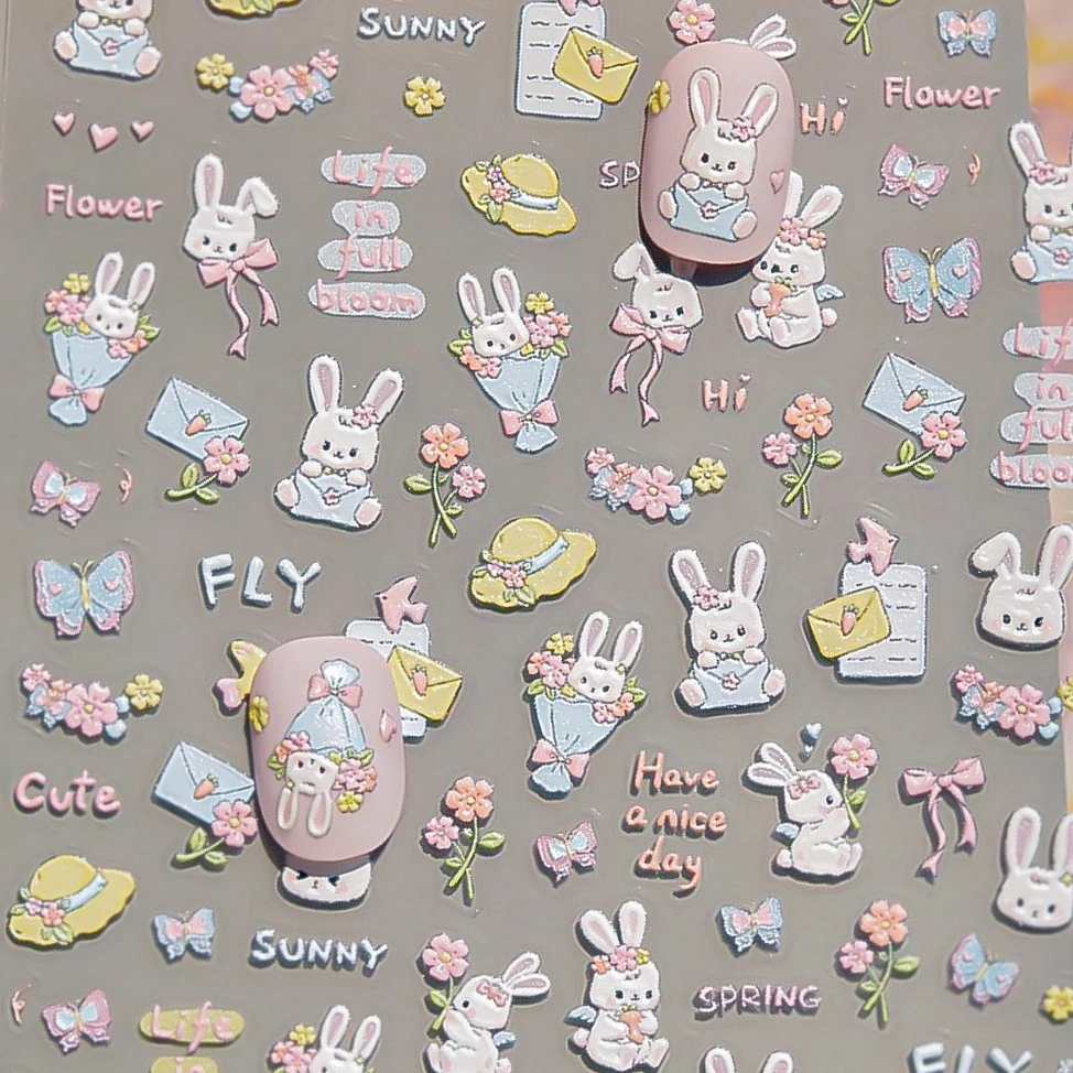 

Cute Rabbit Sends Letters Flower Bouquet Bird Pigeon Flower Bouquet Hat Butterfly Self Adhesive Nail Art Stickers Manicure Decal