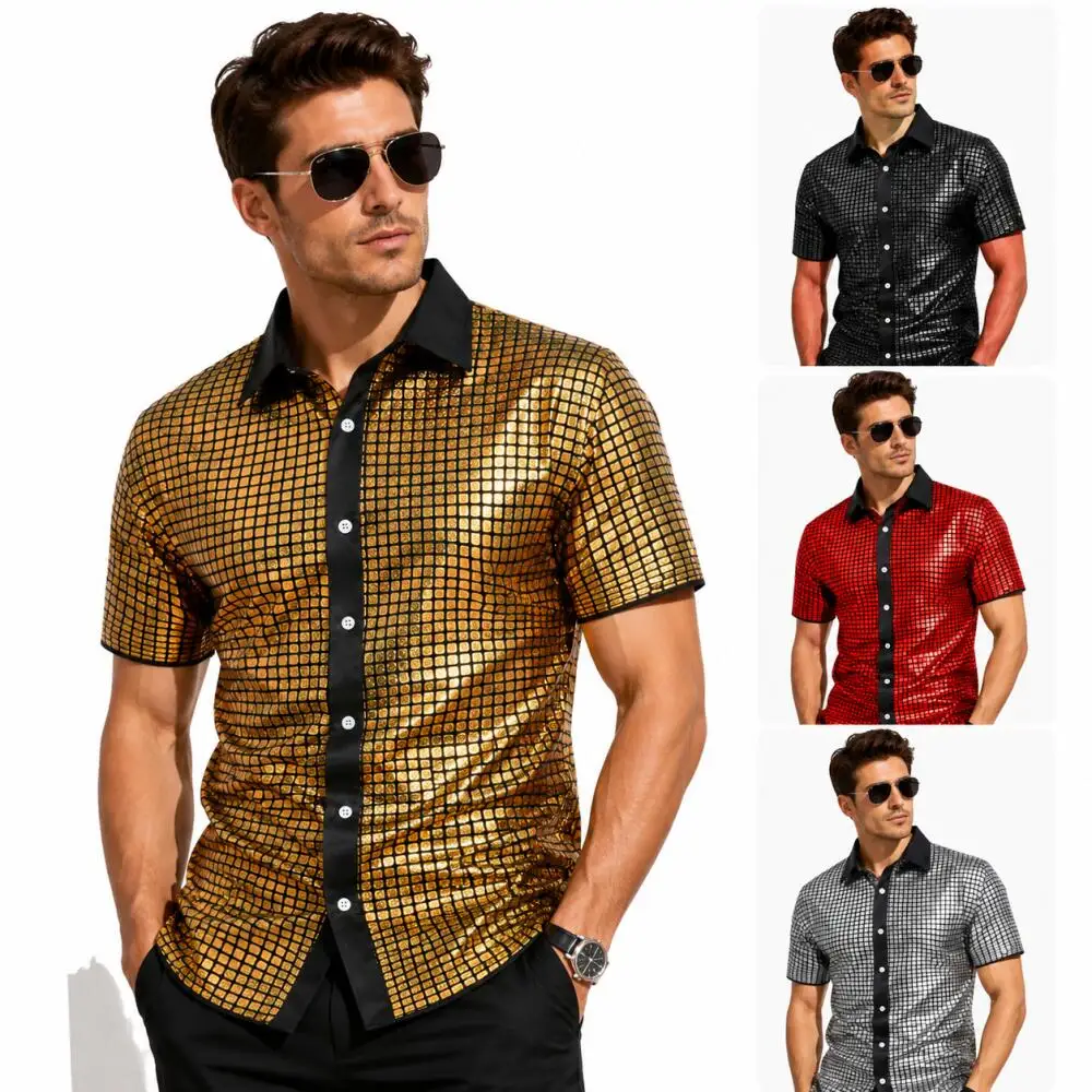 Men Shiny Plaid Shirt Short Sleeve Button Down Disco Party Shirt for Men Clubwear Stage Performance Costume Top Halloween Outfit