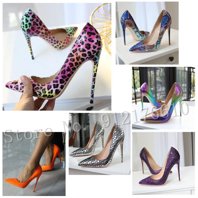 

Snakeskin Leopard Print Pumps Shallow Pointed Toe Thin High Heels Sandals Fashion Rainbow Orange Gradient Color Stilettos Shoes