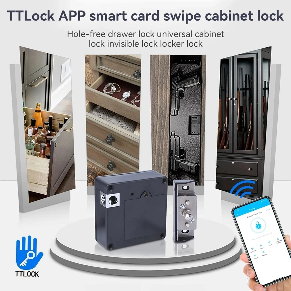 Electronic Cabinet Lock Smart NFC RFID Locks Hidden DIY Cabinet Lock with Slide Latch Lock for Double Door Cabinet Drawer Wood