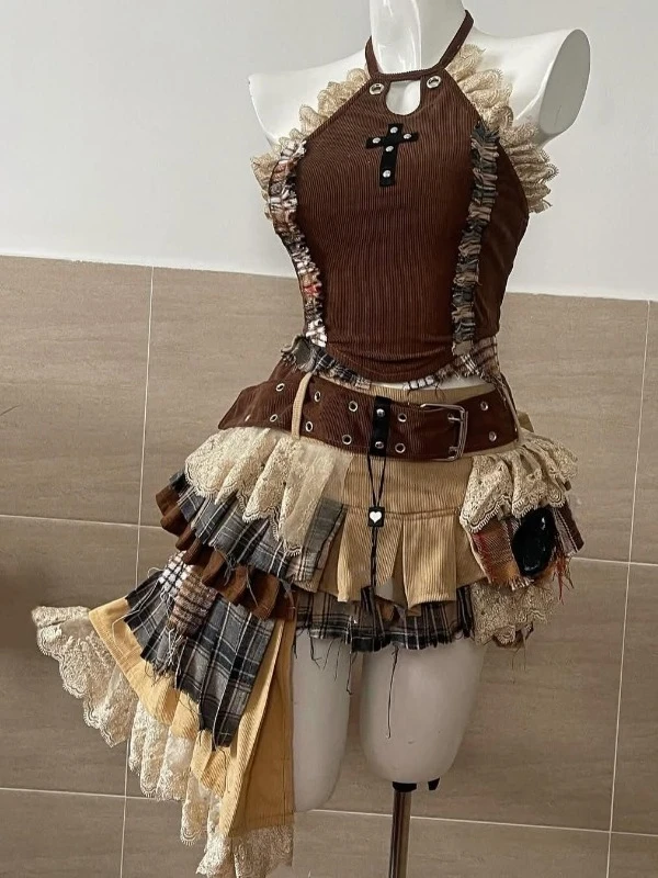 

Harajuku Retro Summer New Girl Multi-layer Pleated Skirt Suit Heavy Industry Women's 2 Piuece Sets Lace Splicing Irregular Top