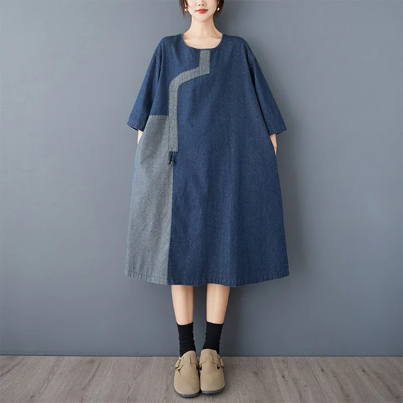 

Long Dress Women Denim Dresses A Line Vestidos Work Round Neck Half Sleeve Elegant Splice Y2k Streetwear Casual Loose 2025
