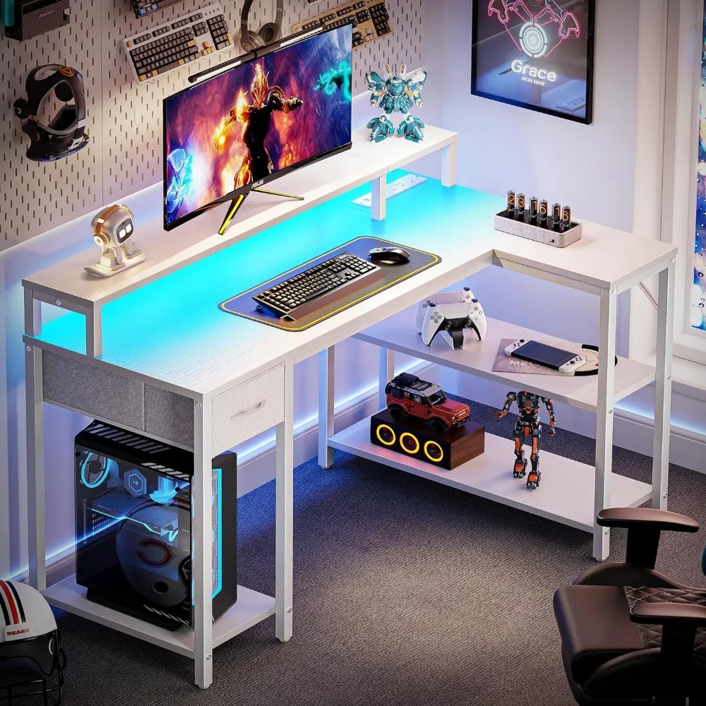 Mesa reversível em forma de L com luzes LED e Tomadas de Energia, Mesa do Computador com Prateleiras, Suporte do Monitor, Jogos,