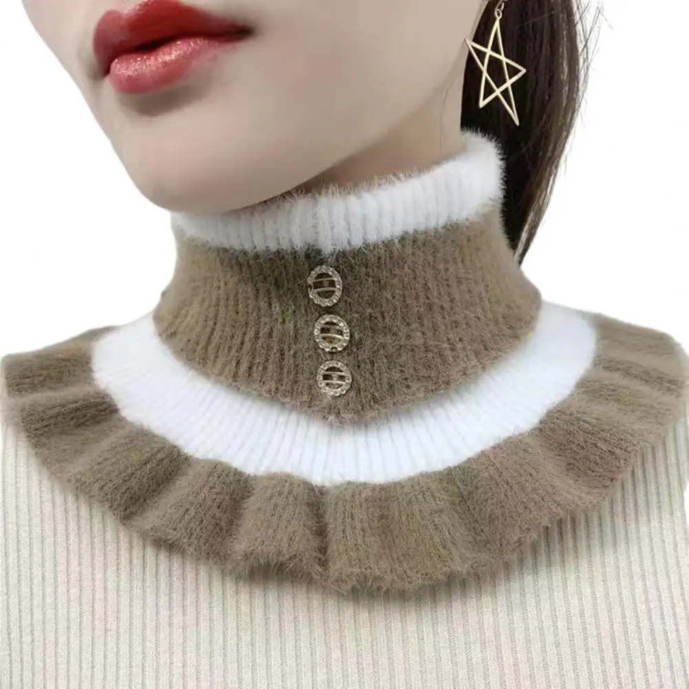 Winter Women Scarf Fake High Collar Color Matching Ruffle Rhinestone Decor Windproof Neck Warmer Knitted