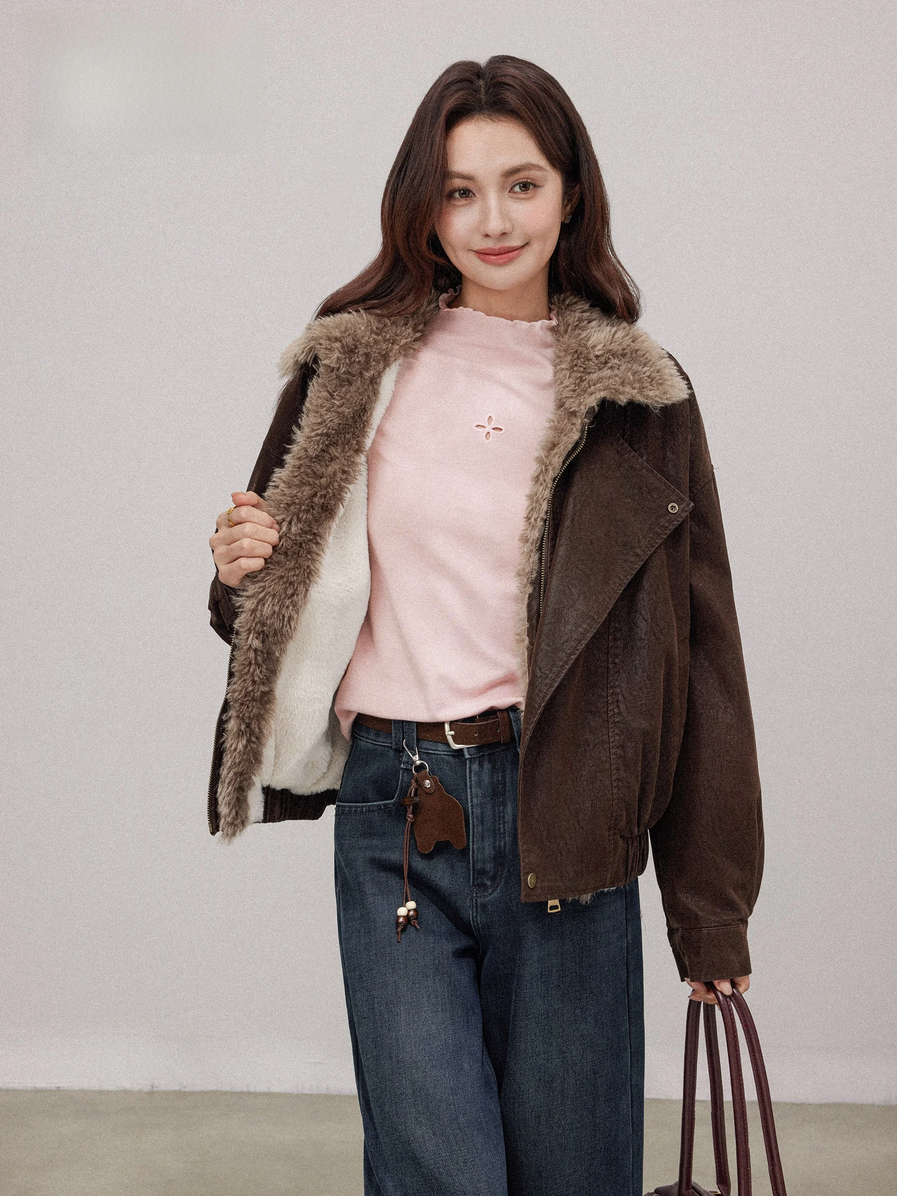 Jaet de couro Thiened feminino outono inverno Faion gola motociclista Sle cor café quente casual solto ajuste zíper Clo...