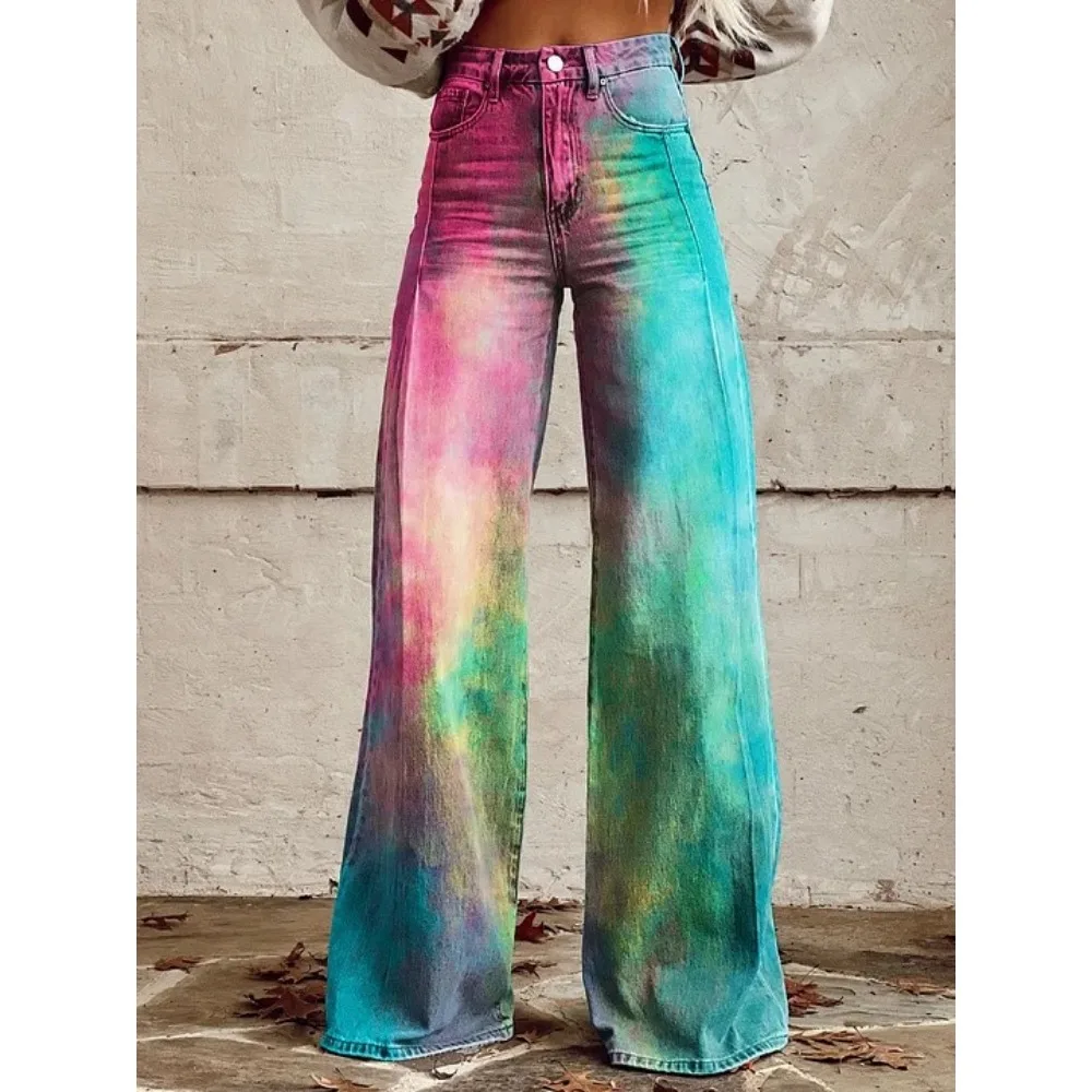 Harajuku Bohemian Art Print Palazzo-Hose mit hoher Taille und weitem Bein, Baumwolle, lässige, locker sitzende Hose mit Taschen, Damen-Punk-Hose – Detail 2