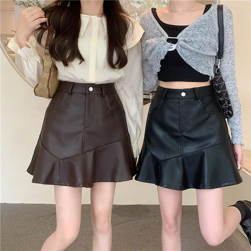 Rok Kulit PU Pinggang Tinggi Seksi Wanita Pakaian Wanita Rok A-Line Bungkus Pinggul Asimetris Fashion Baru Musim Panas untuk Wanita