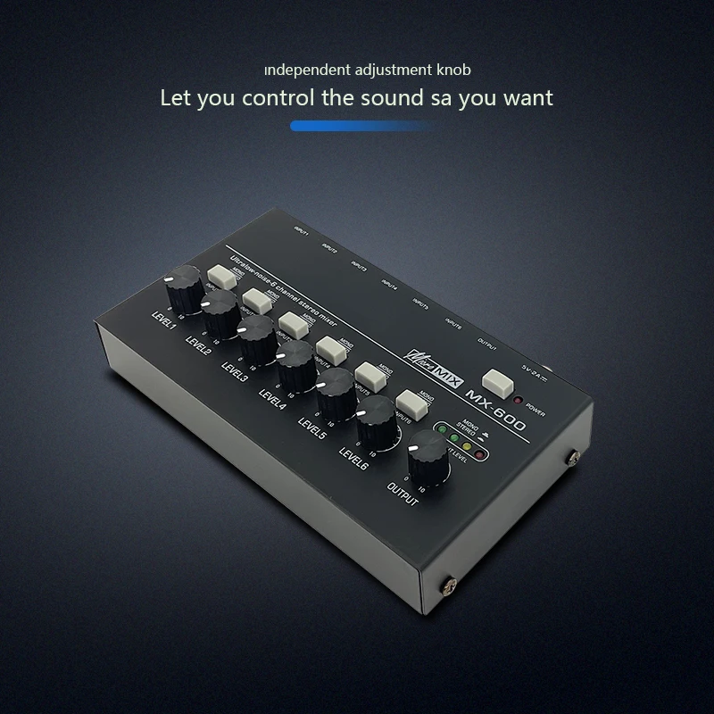 جهاز مزج الصوت ستيريو ذو 6 قنوات، جهاز مزج الصوت USB الاحترافي الصغير المحمول، خلط خط الضوضاء منخفض للغاية للتسجيل على الموقع ﻿