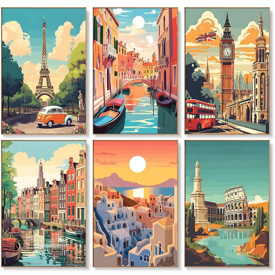 

Pack Paint by Numbers Kit for Adults Beginners 8x12 Inch Vintage Travel Adult Paint by Number Kits on Canvas, Cityscape DIY Acry