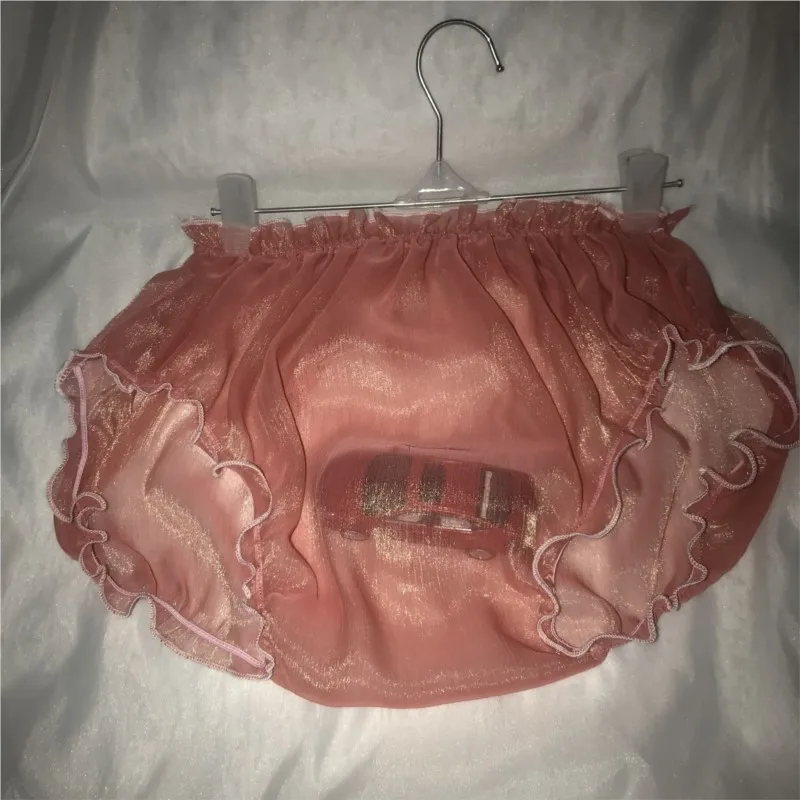 Unisex Glossy Ruffles Mesh See Through Lingerie Panties Plus Size Underwears Sexy Mid Waist Briefs