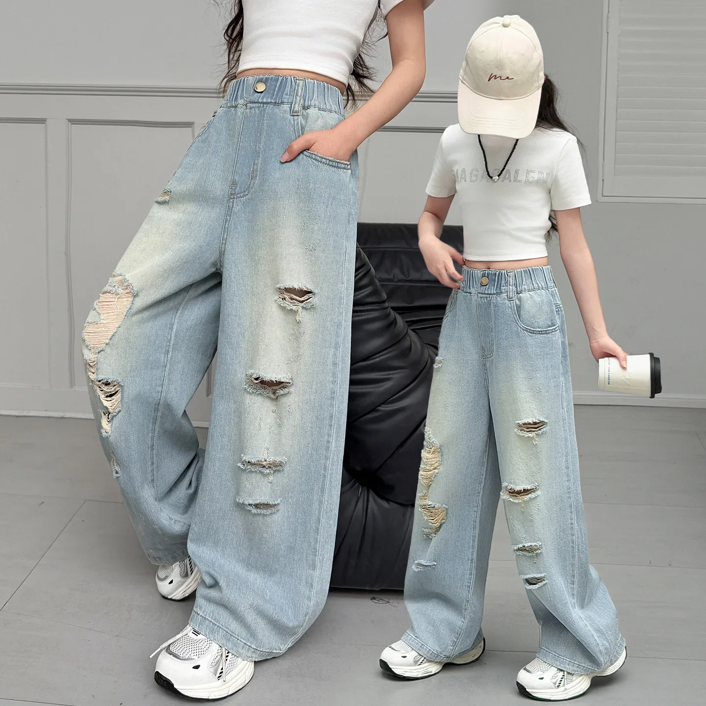 Teenage Girls Summer Loose Straight Jeans with Distressed Ripped for Kids Street Style Destroyed Denim Pants Children's Trousers