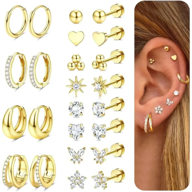 Drperfect 1Pair Flat Back Earrings for Women Surgical Steel Earrings for Sensitive Ears Hoop Stud Cartilage Tragus Piercings