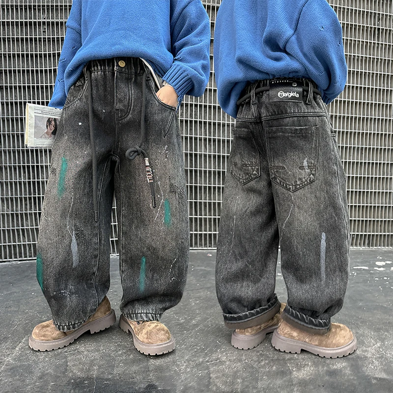 

New Kids Designer Distressed Baggy Jeans with Graffiti for Tween Boys Hip Hop Denim Pants Spring Autumn Children Casual Trousers