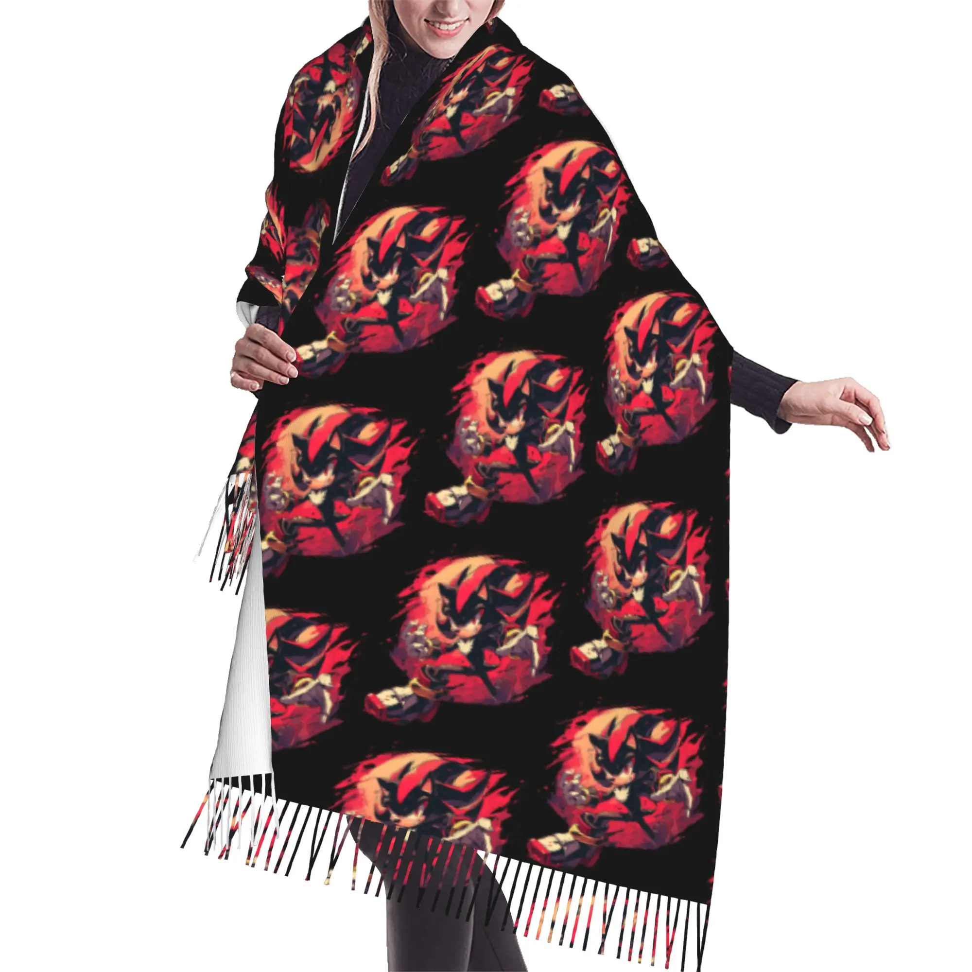 Custom Female Large S-Soniced Cartoon Scarves Women Winter Fall Soft Warm Tassel Shawl Wrap Video Game Scarf