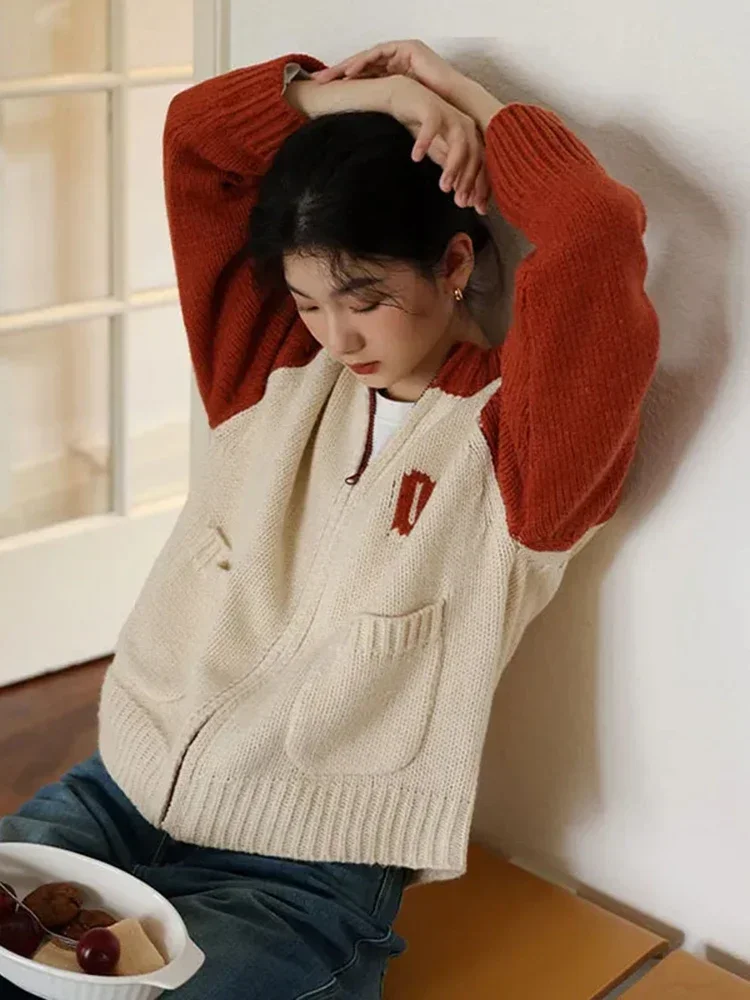 

Harajuku Retro Zipper Cardigan Coat Women Patchwork Cardigan Casual Letter Preppy Style Knitted Sweater Tops