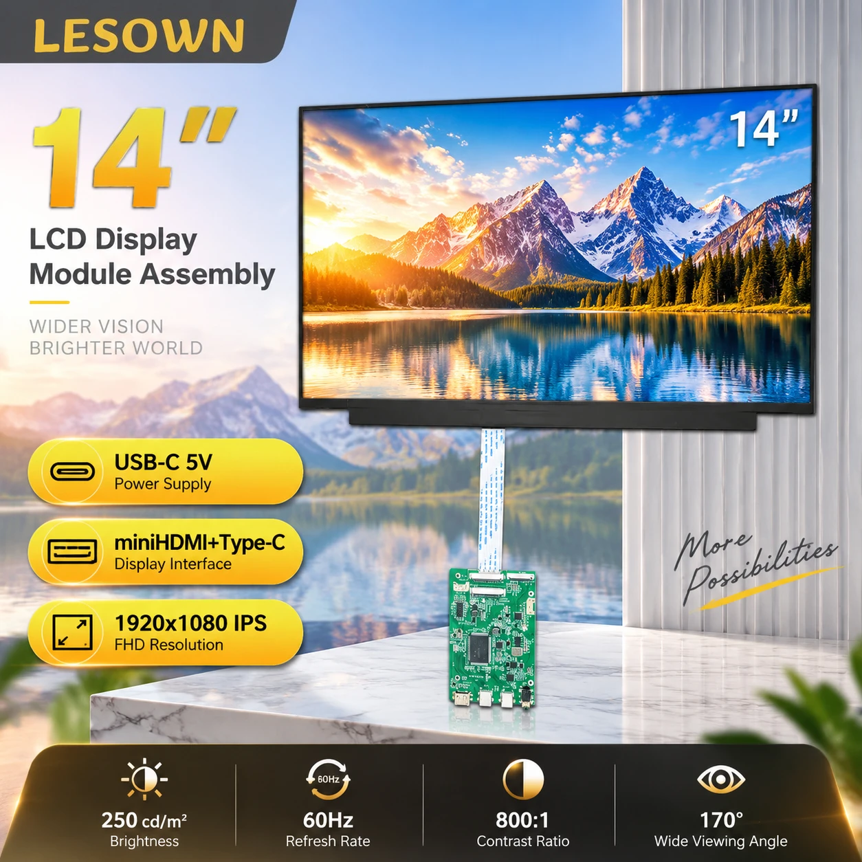 LESOWN 14 Inch LCD Display Module Touch Screen 1920x1080 Capacitive Panel Embedded Monitor Industrial DIY HDTV Type-C