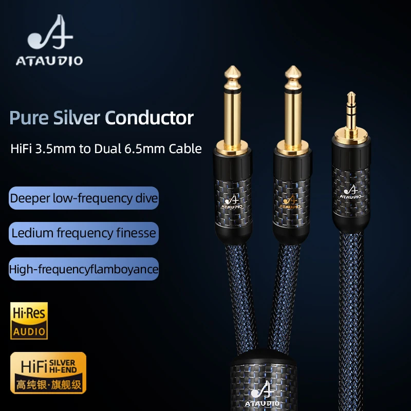 Pure Silver HiFi 3.5mm to Dual 6.5mm Audio Cable for Phone Mixer Hi-end Gold-plated Stereo 3.5 Jack to Dual Mono 6.5 TS Cable