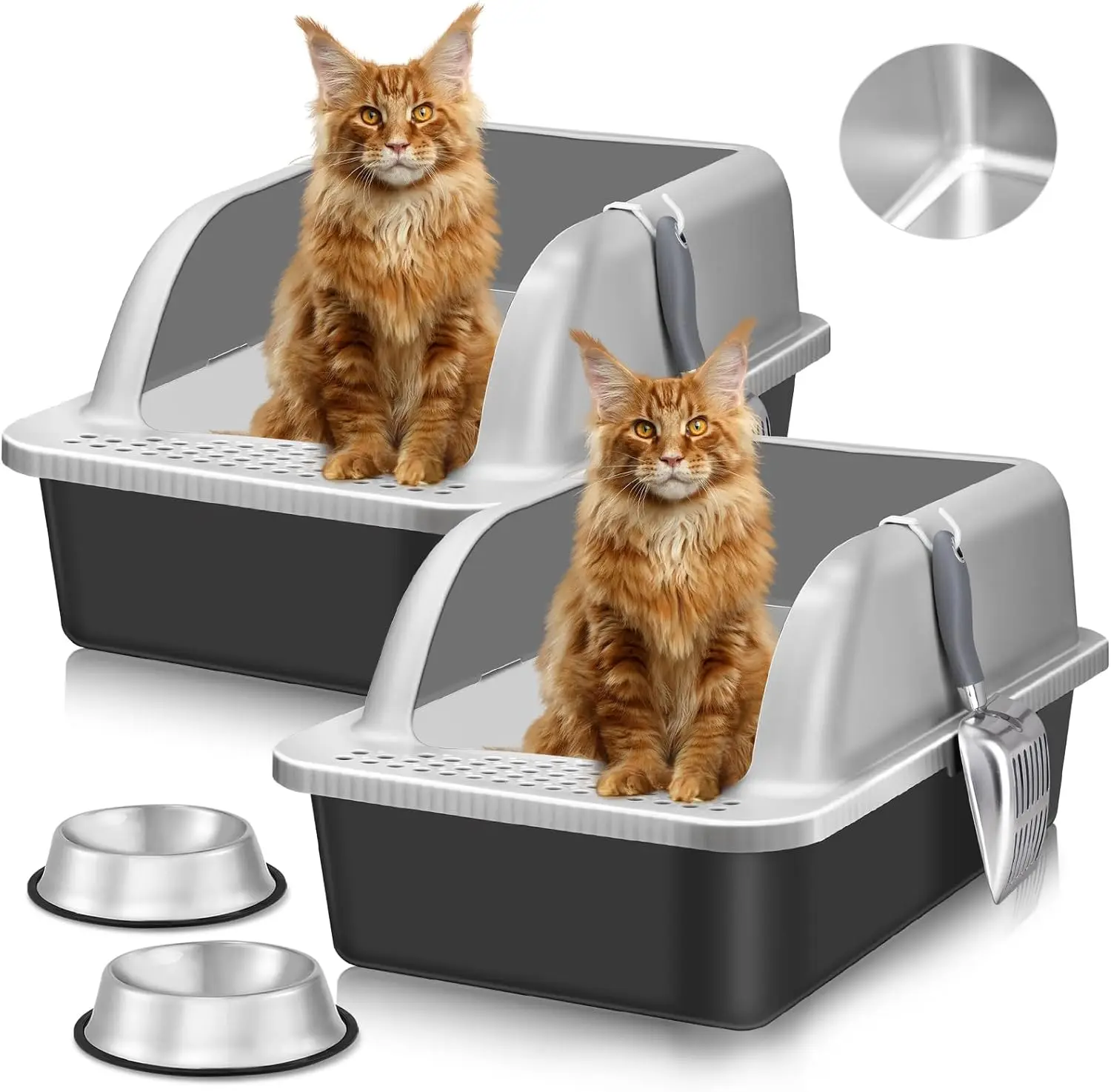 2 Pack Extra Large Stainless Steel Cat Litter Box with Lid High Sided Metal Litter Box for Big Cats Hooded Large Jumbo Litter