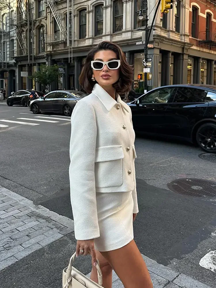 Elegant Women Solid Jacket 2 Piece Set Fashion Button Lapel Slim Coat High Waist A Line Mini Skirt 2024 Autumn Lady New Outfits