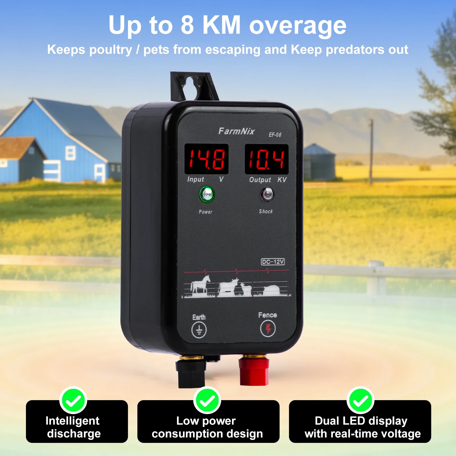 8KM Electric Fence Energizer Anti-theft High Voltage Pulse Controller for Livestock Animals Cattle Fencing Farm Tools