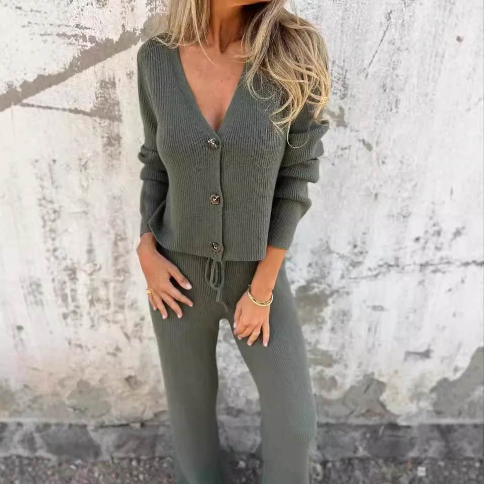 Women Casual Long Sleeve Knitted Outfits Elegant Solid Sweater 2Pc Set Sexy V-neck Single-breasted Cardigan Top & Long Pant Suit