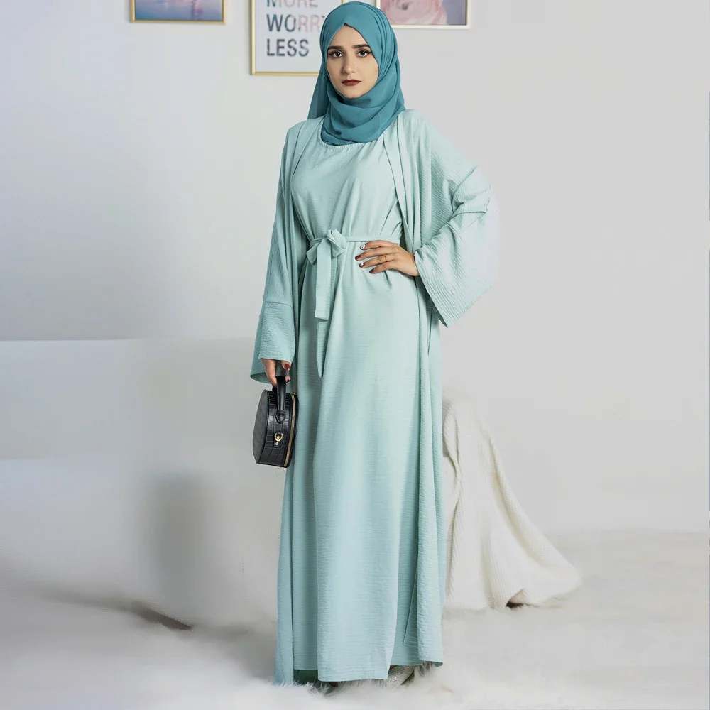 Otevřený abaya 2 kusu sada muslimové žena kimono a bez rukávů hidžáb šaty pláň abayas dubaj krocan ramadánu africký islámské oblečení